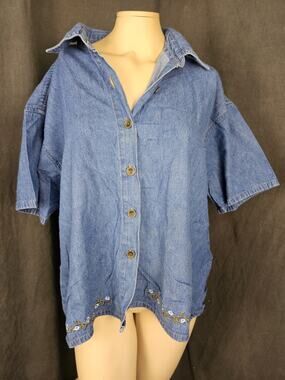 Vtg 90s Plus Size 24W Denim Cowgirl Rodeo Shirt Floral Embroidered Western Top